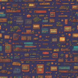 Detailed pixel art of a vibrant and intricate background, showcasing a diverse palette to capture the nostalgia and charm of retro gaming.