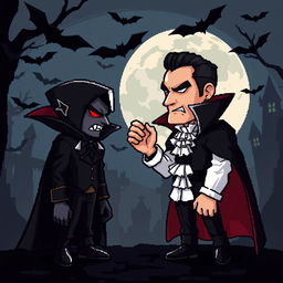 A pixel art scene featuring a dramatic showdown between two Habbo avatars: one styled as a dark vampire and the other as a classic Dracula