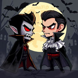 A pixel art scene featuring a dramatic showdown between two Habbo avatars: one styled as a dark vampire and the other as a classic Dracula