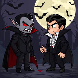 A pixel art scene featuring a dramatic showdown between two Habbo avatars: one styled as a dark vampire and the other as a classic Dracula