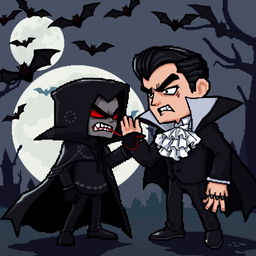 A pixel art scene featuring a dramatic showdown between two Habbo avatars: one styled as a dark vampire and the other as a classic Dracula