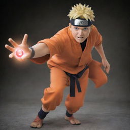 Naruto Uzumaki, the energetic and optimistic ninja from the Hidden Leaf Village, wearing his orange jumpsuit, his trademark headband, while performing a Rasengan technique.