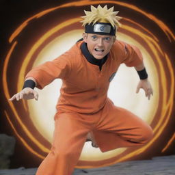 Naruto Uzumaki, the energetic and optimistic ninja from the Hidden Leaf Village, wearing his orange jumpsuit, his trademark headband, while performing a Rasengan technique.