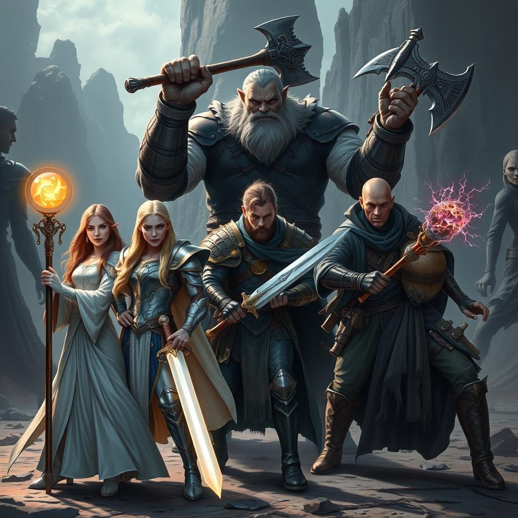 An intense battle-ready scene featuring a group of five diverse adventurers poised for combat