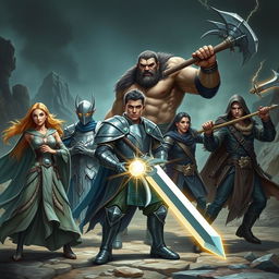 An intense battle-ready scene featuring a group of five diverse adventurers poised for combat