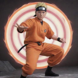 Naruto Uzumaki, the energetic and optimistic ninja from the Hidden Leaf Village, wearing his orange jumpsuit, his trademark headband, while performing a Rasengan technique.