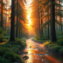 A serene forest at sunrise with vibrant colors, featuring tall, lush trees with sunlight filtering through the leaves