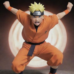 Naruto Uzumaki, the energetic and optimistic ninja from the Hidden Leaf Village, wearing his orange jumpsuit, his trademark headband, while performing a Rasengan technique.