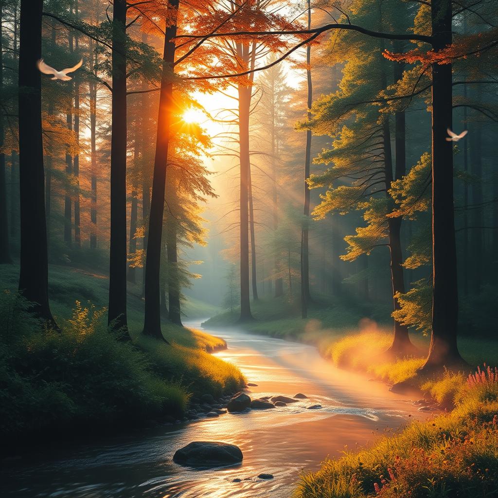 A serene forest at sunrise with vibrant colors, featuring tall, lush trees with sunlight filtering through the leaves