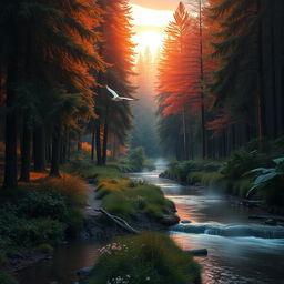 A serene forest at sunrise with vibrant colors, featuring tall, lush trees with sunlight filtering through the leaves