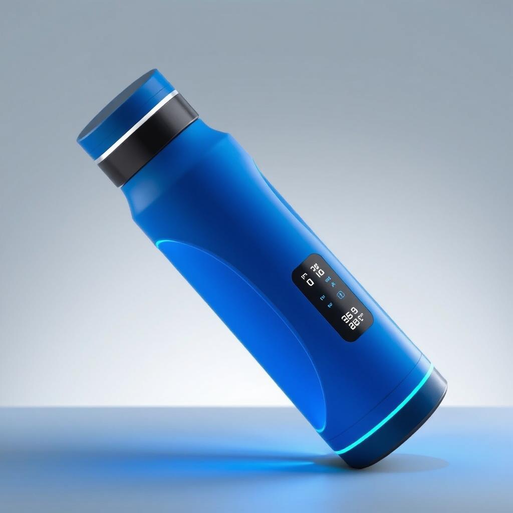 A futuristic blue thermos bottle that autonomously chills its contents, showcasing a digital display that clearly shows the current temperature