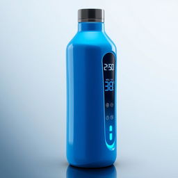 A futuristic blue thermos bottle that autonomously chills its contents, showcasing a digital display that clearly shows the current temperature