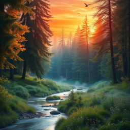 A serene forest at sunrise with vibrant colors, featuring tall, lush trees with sunlight filtering through the leaves