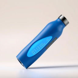 A futuristic blue thermos bottle that autonomously chills its contents, showcasing a digital display that clearly shows the current temperature