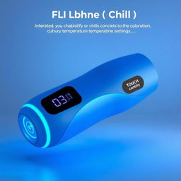 A futuristic blue thermos bottle that autonomously chills its contents, showcasing a digital display that clearly shows the current temperature