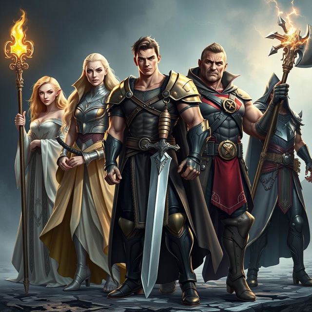 An epic battle-ready scene featuring a diverse group of five adventurers standing strong and poised for action