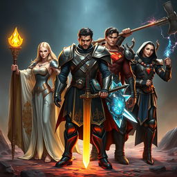 An epic battle-ready scene featuring a diverse group of five adventurers standing strong and poised for action