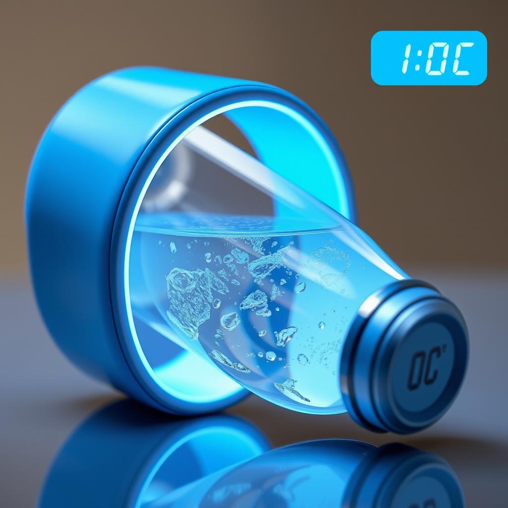 A futuristic blue thermos bottle that autonomously chills its contents and prominently displays the current temperature