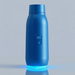 A futuristic blue thermos bottle that autonomously chills its contents and prominently displays the current temperature