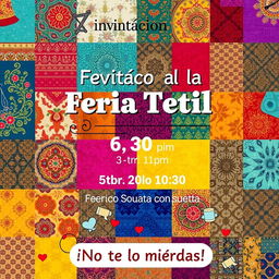 A vibrant email poster invitation for a textile fair, featuring a colorful patchwork background of various fabrics with intricate patterns such as floral, geometric, and paisley designs