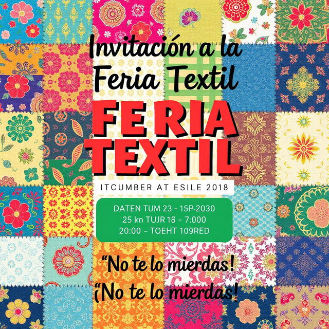 A vibrant email poster invitation for a textile fair, featuring a colorful patchwork background of various fabrics with intricate patterns such as floral, geometric, and paisley designs