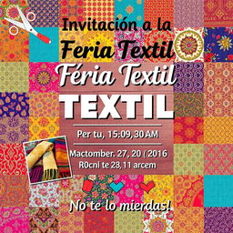 A vibrant email poster invitation for a textile fair, featuring a colorful patchwork background of various fabrics with intricate patterns such as floral, geometric, and paisley designs