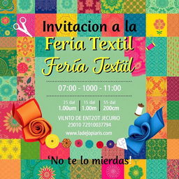 A vibrant email poster invitation for a textile fair, featuring a colorful patchwork background of various fabrics with intricate patterns such as floral, geometric, and paisley designs