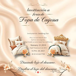 An elegant email invitation for a luxurious bedding fair, featuring a sophisticated background with a subtle silk texture in soft pastel colors