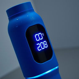 A high-tech blue thermos bottle that autonomously cools its contents and displays the temperature visually