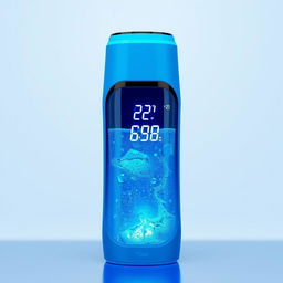 A high-tech blue thermos bottle that autonomously cools its contents and displays the temperature visually