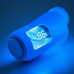 A high-tech blue thermos bottle that autonomously cools its contents and displays the temperature visually