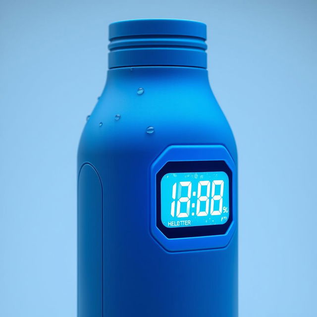 A high-tech blue thermos bottle that autonomously cools its contents and displays the temperature visually