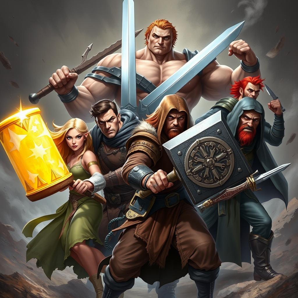 An intense, action-packed scene showcasing a group of five adventurers ready for battle