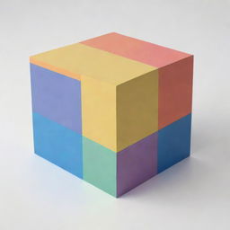 Artistic rendering of a drawing of a box, filled with five distinct four-sided geometric shapes of different colors, sizes, and orientations