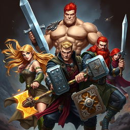 An intense, action-packed scene showcasing a group of five adventurers ready for battle