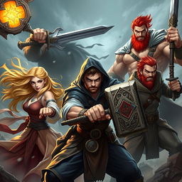 An intense, action-packed scene showcasing a group of five adventurers ready for battle