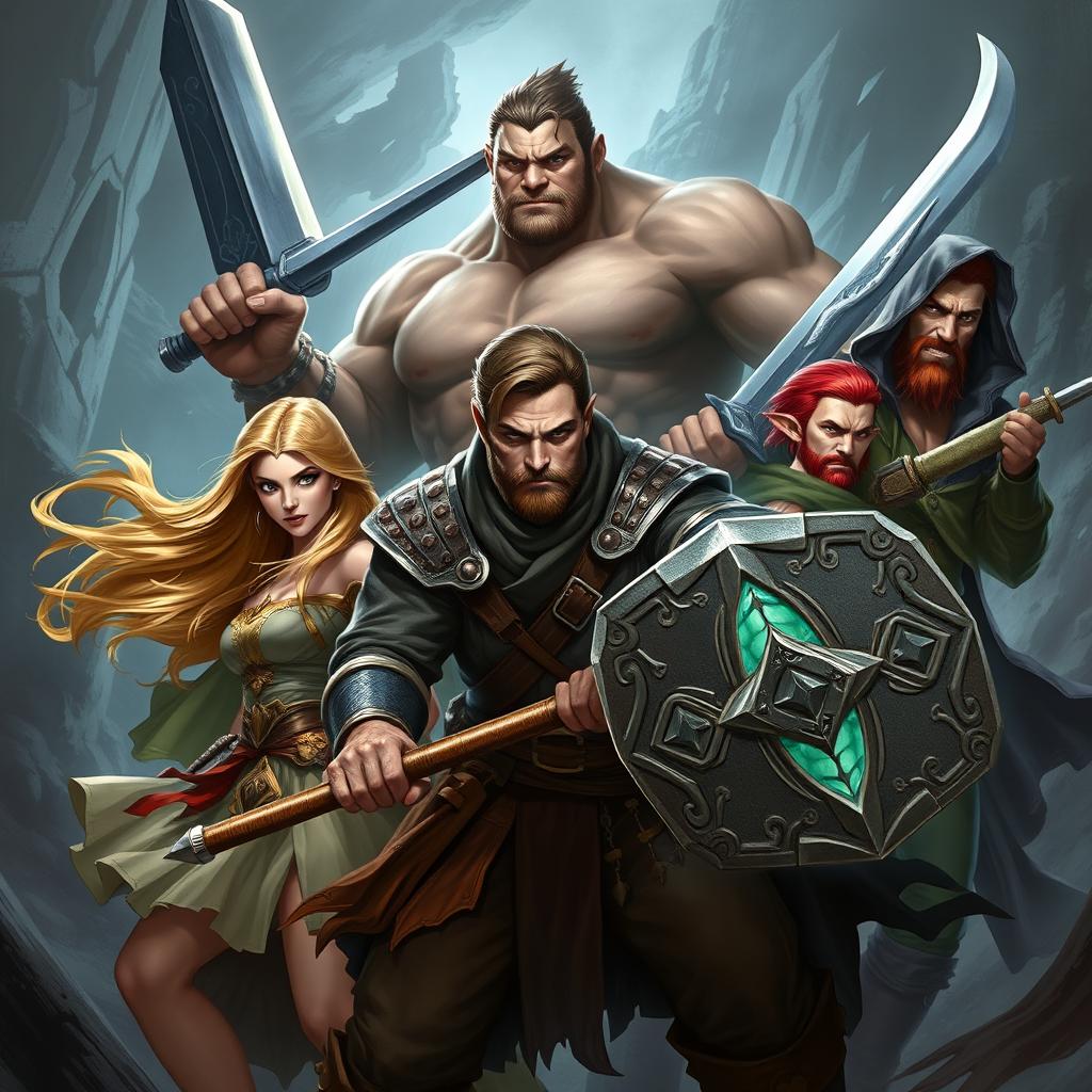 An intense, action-packed scene showcasing a group of five adventurers ready for battle