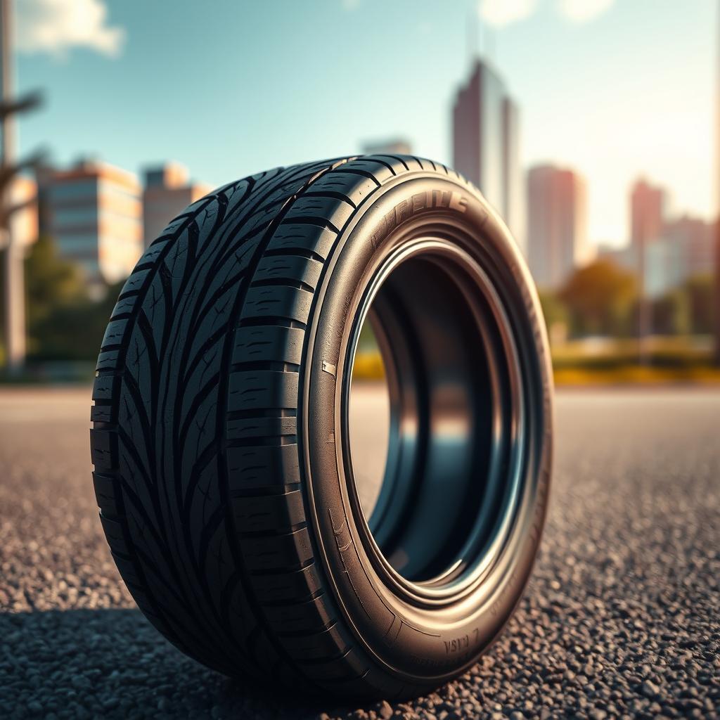 A close-up of a sleek, modern tire with intricate tread patterns, glistening in the sunlight on a soft asphalt surface