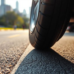A close-up of a sleek, modern tire with intricate tread patterns, glistening in the sunlight on a soft asphalt surface