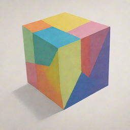 Artistic rendering of a drawing of a box, filled with five distinct four-sided geometric shapes of different colors, sizes, and orientations