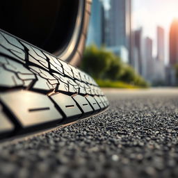 A close-up of a sleek, modern tire with intricate tread patterns, glistening in the sunlight on a soft asphalt surface