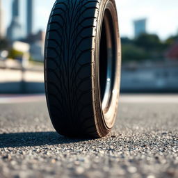 A close-up of a sleek, modern tire with intricate tread patterns, glistening in the sunlight on a soft asphalt surface