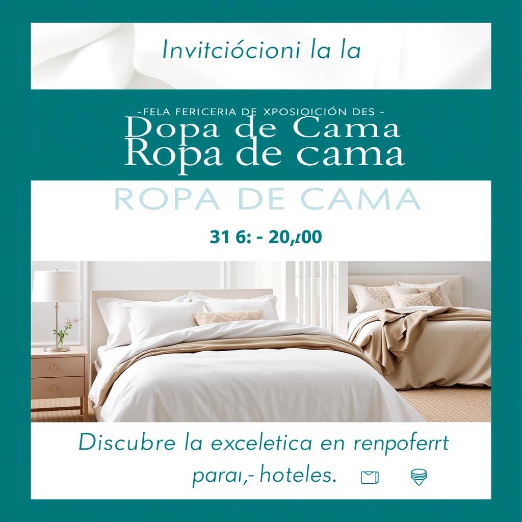 A chic email invitation for a bedding brand's exhibition fair aimed at hotels, featuring a clean and elegant design in a color palette of white and dark turquoise