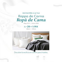 A chic email invitation for a bedding brand's exhibition fair aimed at hotels, featuring a clean and elegant design in a color palette of white and dark turquoise