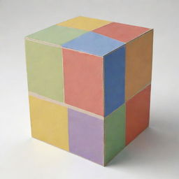 Artistic rendering of a drawing of a box, filled with five distinct four-sided geometric shapes of different colors, sizes, and orientations