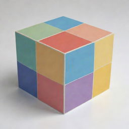 Artistic rendering of a drawing of a box, filled with five distinct four-sided geometric shapes of different colors, sizes, and orientations