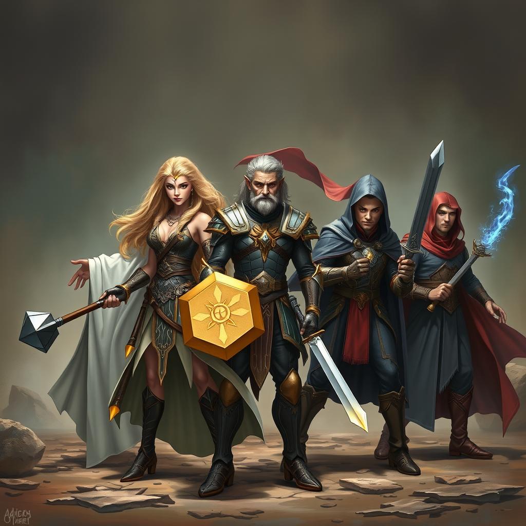 An exciting scene capturing five unique adventurers standing in dynamic stances, ready for battle, each showcasing distinct features and styles without overlapping