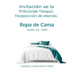 A minimalist email invitation for a bedding brand's exhibition fair targeting hotels, utilizing a crisp design in a color scheme of white and dark turquoise