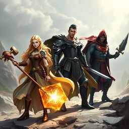 An exciting scene capturing five unique adventurers standing in dynamic stances, ready for battle, each showcasing distinct features and styles without overlapping