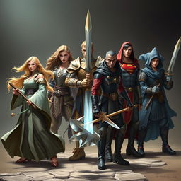 An exciting scene capturing five unique adventurers standing in dynamic stances, ready for battle, each showcasing distinct features and styles without overlapping